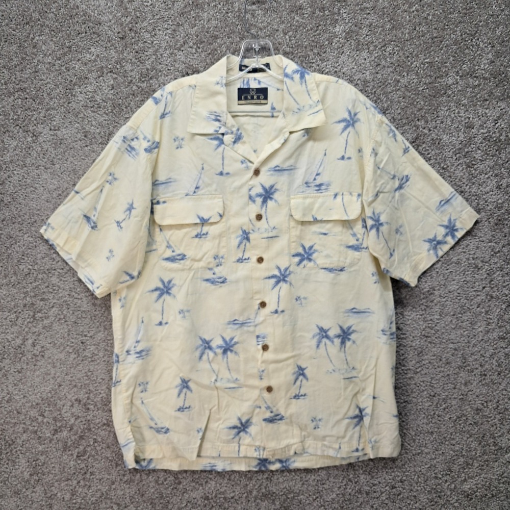 Enro Traditions Mens Medium Tropical Palm Tree Sailboat Button Down Shirt Cream